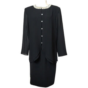 Julian Wilder Black Beaded Neckline Sheath Dress Skirt Suit Set Women's Size 10